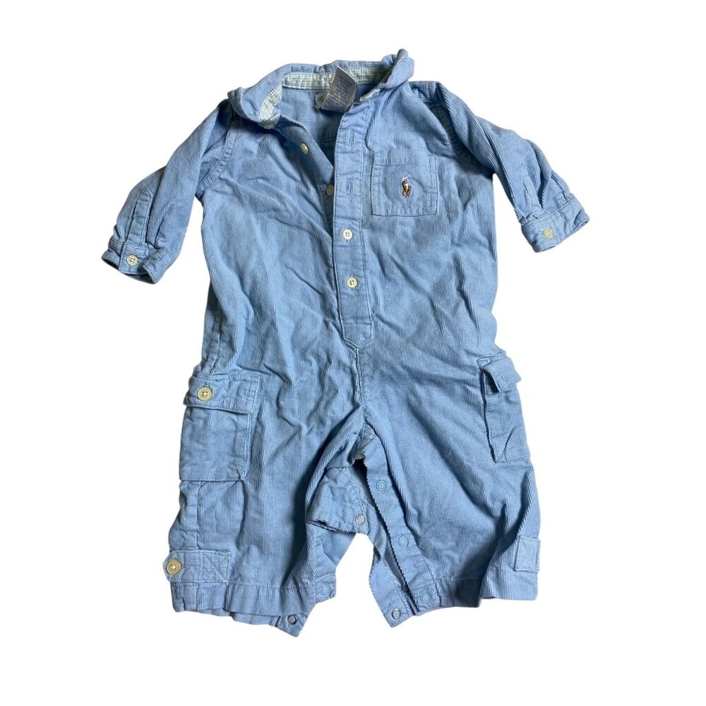 Ralph Lauren Baby Boys Blue Corduroy Coverall Romper Size 6 Months Short Sleeve